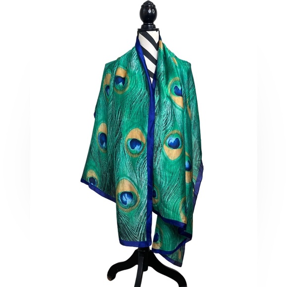 Satin Peacock Feather Print Bohemian Artsy Colorful Wrap Shawl - Picture 4 of 9